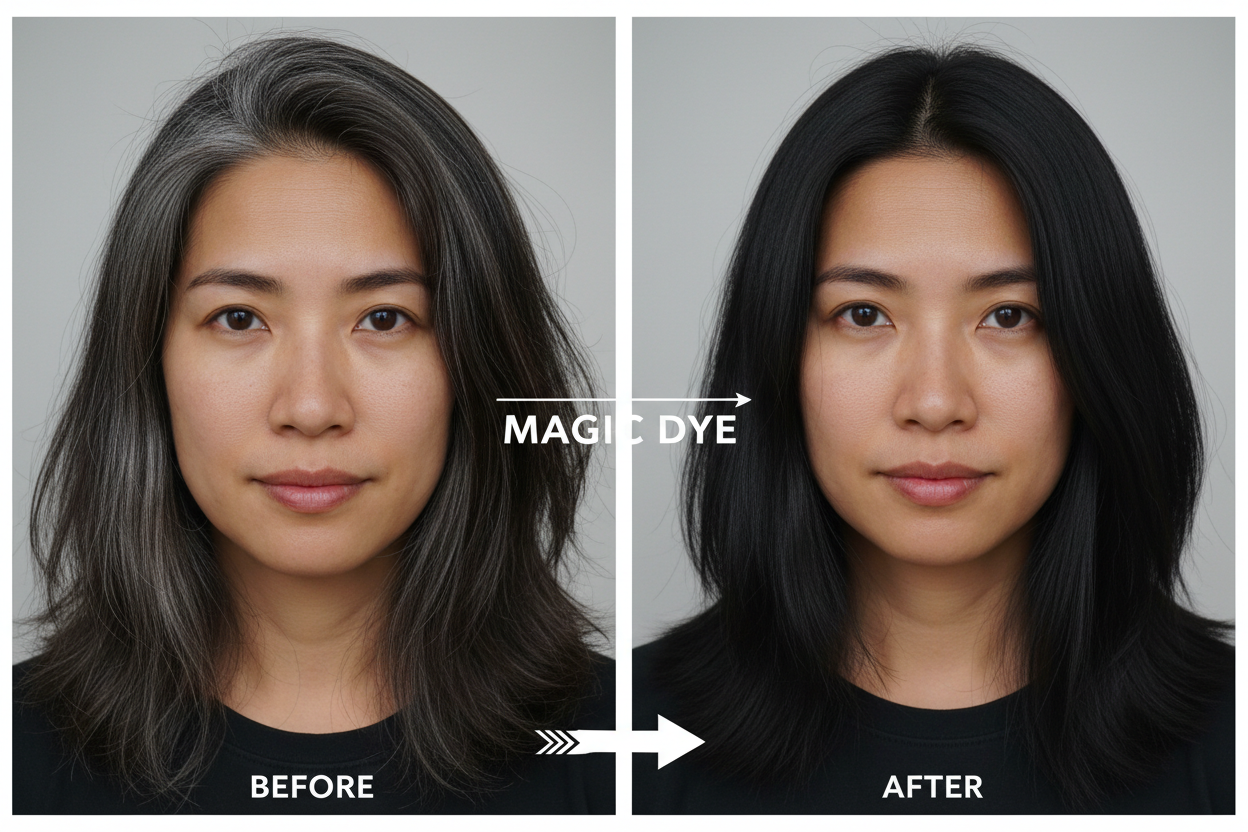 Realistic Gray Strands to Black Hair Transformation